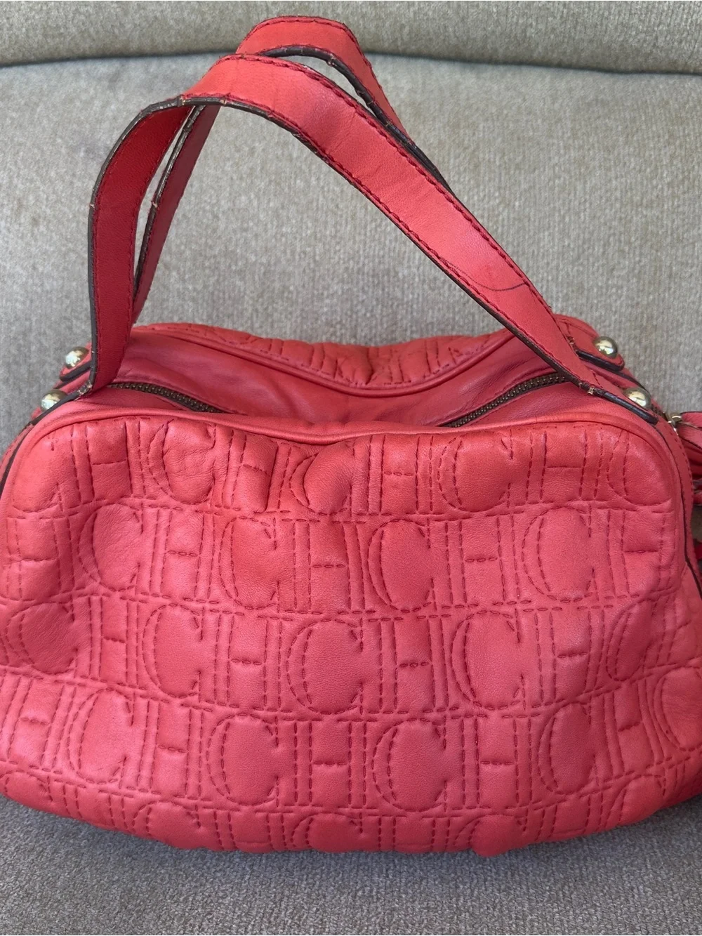 🔥 CH Carolina Herrera Red Leather Andy Monogram Satchel Bag Spain